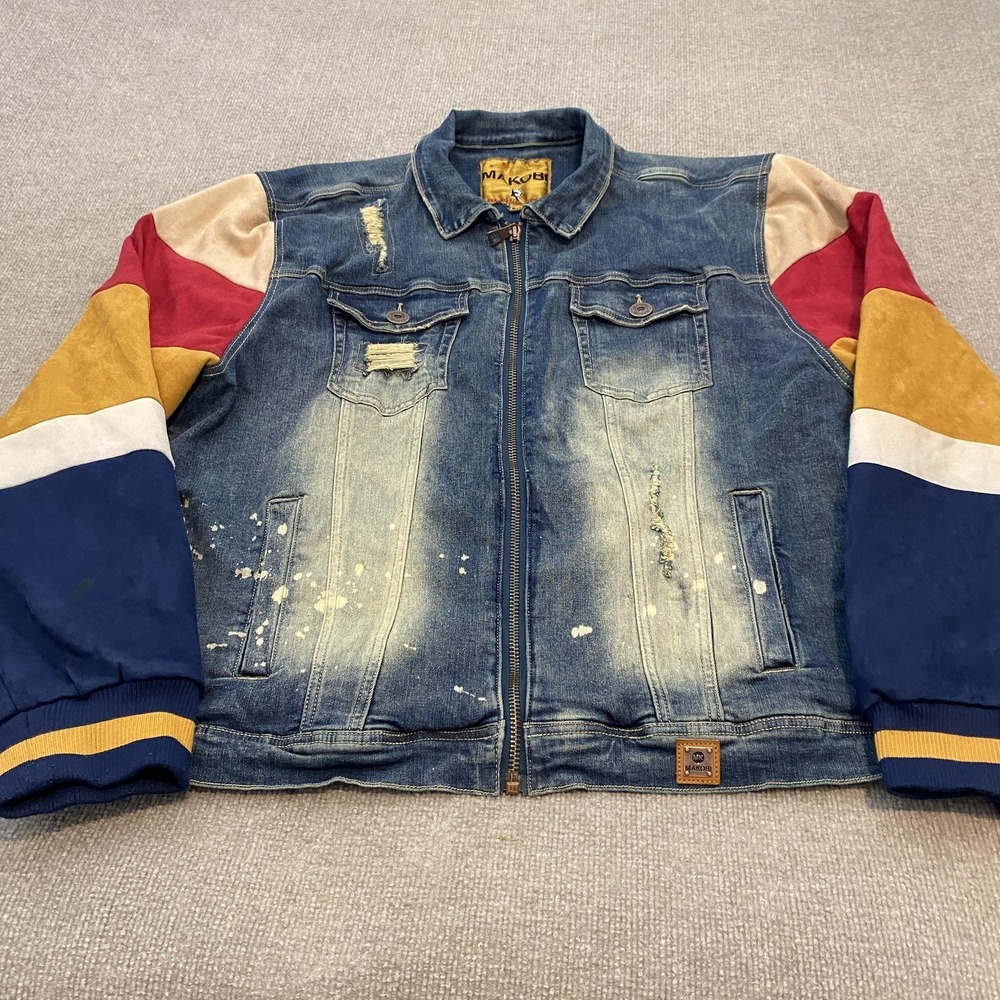 Makobi Jacket Mens 3XL Blue Denim Colorblock Varsity Full Zip Stretch Sleeves